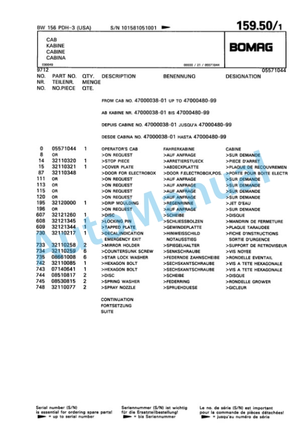 Bomag BW 156 PDH-3 Single Drum Wheel Drive Vibratory Roller Spare Parts Catalogue 00815505-5