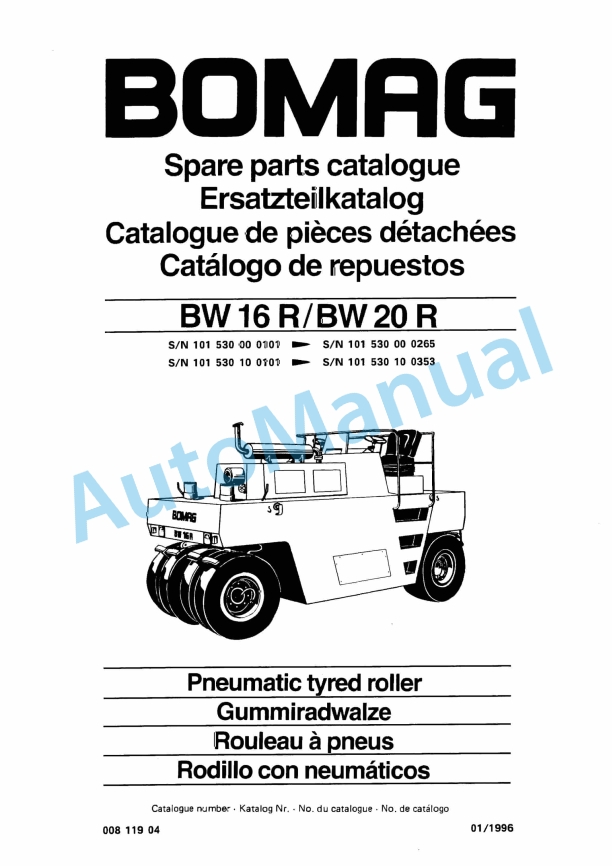 Bomag BW 16 R, BW 20 R Pneumatic Tyred Roller Spare Parts Catalogue 00811904