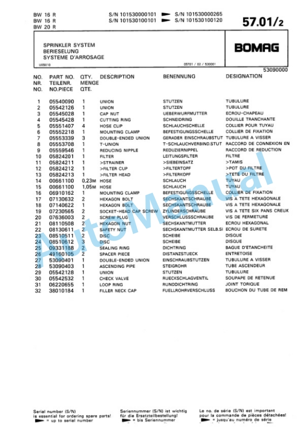 Bomag BW 16 R, BW 20 R Pneumatic Tyred Roller Spare Parts Catalogue 00811904-3