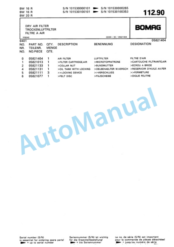 Bomag BW 16 R, BW 20 R Pneumatic Tyred Roller Spare Parts Catalogue 00811904-4