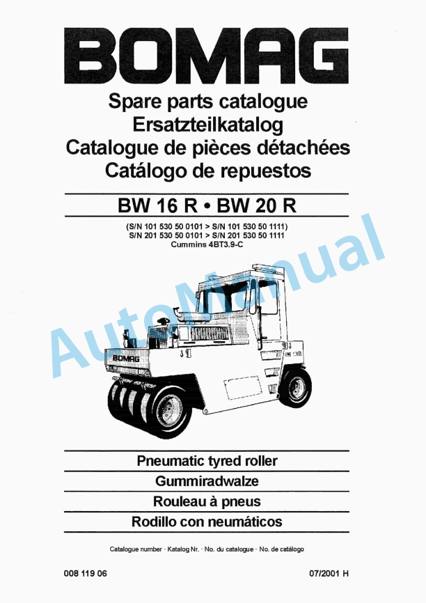 Bomag BW 16 R, BW 20 R Pneumatic Tyred Roller Spare Parts Catalogue 00811906