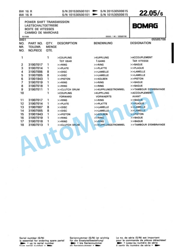 Bomag BW 16 R, BW 20 R Pneumatic Tyred Roller Spare Parts Catalogue 00811906-2