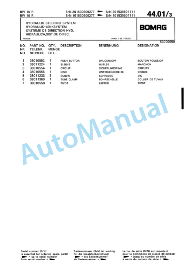 Bomag BW 16 R, BW 20 R Pneumatic Tyred Roller Spare Parts Catalogue 00811906-3