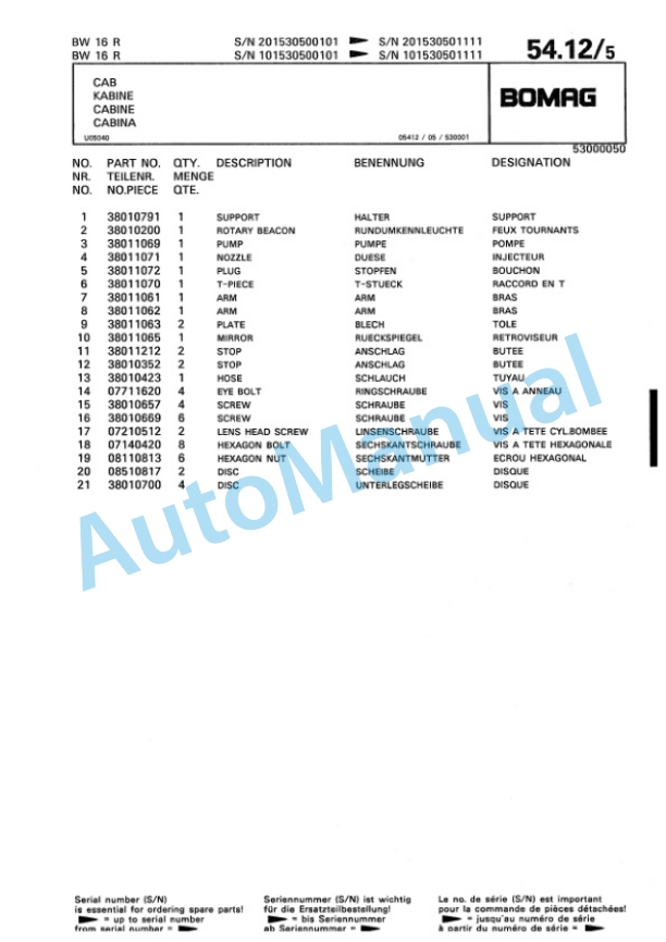 Bomag BW 16 R, BW 20 R Pneumatic Tyred Roller Spare Parts Catalogue 00811906-4
