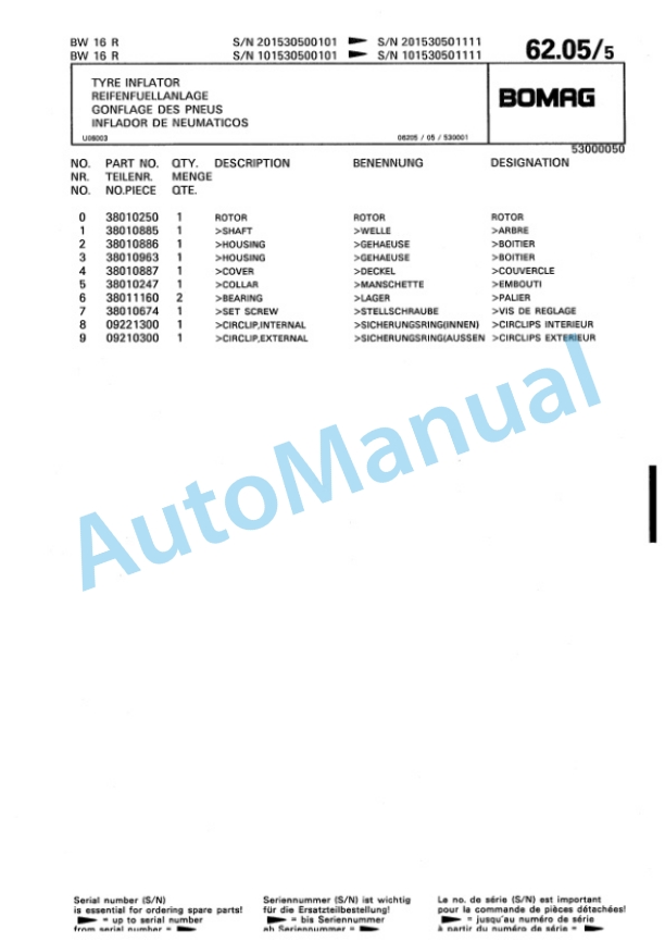 Bomag BW 16 R, BW 20 R Pneumatic Tyred Roller Spare Parts Catalogue 00811906-5