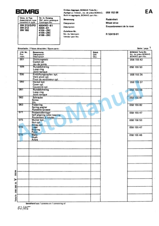 Bomag BW 160 A, BW 160 AD, BW 160 AC Spare Parts Catalogue 00814610 GE-3
