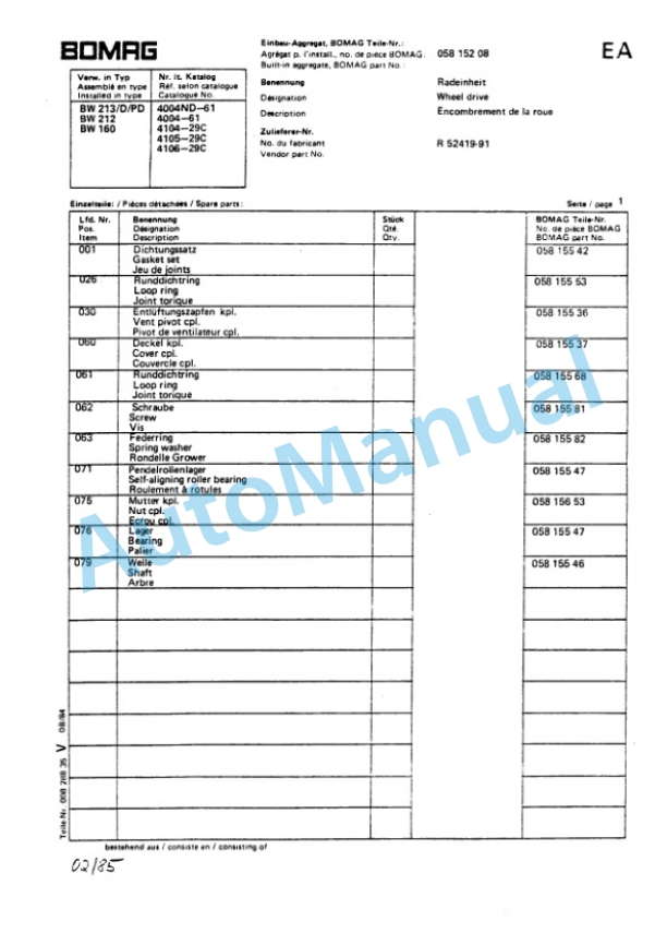Bomag BW 160 A, BW 160 AD, BW 160 AC Spare Parts Catalogue 00814611-3