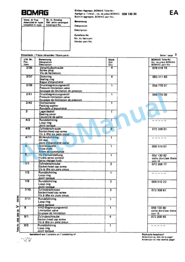 Bomag BW 160 A, BW 160 AD, BW 160 AC Spare Parts Catalogue 00814612 FR-5