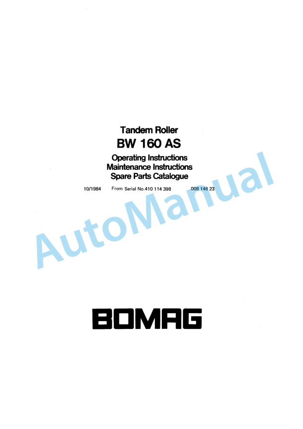 Bomag BW 160 AS Tandem Roller Spare Parts Catalogue 00814623