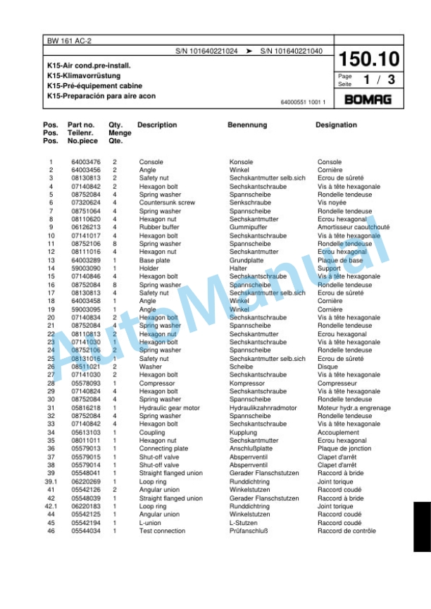 Bomag BW 161 AC-2 Combination Roller Spare Parts Catalogue 00817492-4