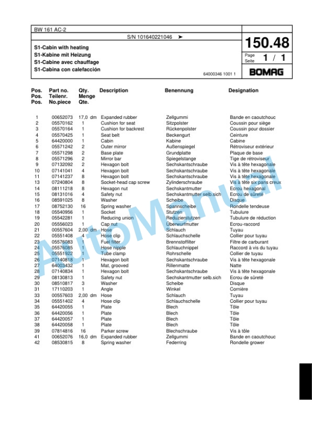 Bomag BW 161 AC-2 Combination Roller Spare Parts Catalogue 00817492-5