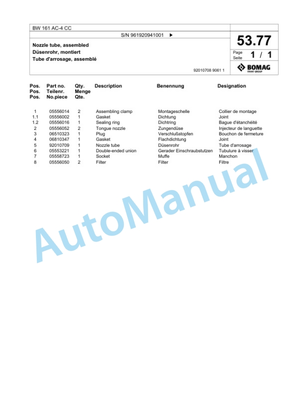 Bomag BW 161 AC-4 CC Combination Roller Spare Parts Catalogue 00826801-2