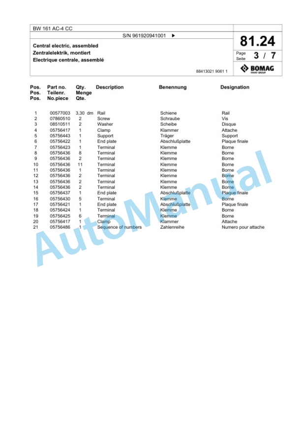 Bomag BW 161 AC-4 CC Combination Roller Spare Parts Catalogue 00826801-3