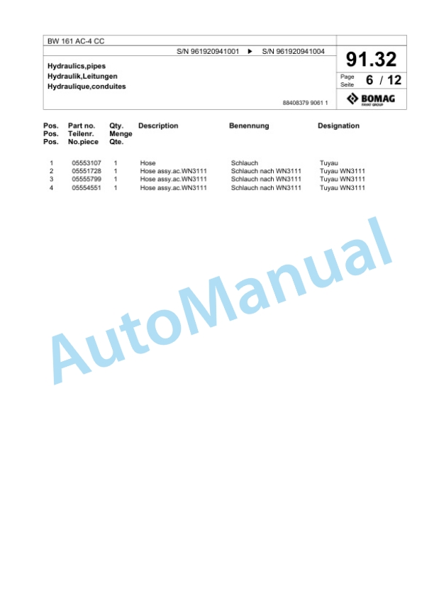 Bomag BW 161 AC-4 CC Combination Roller Spare Parts Catalogue 00826801-4