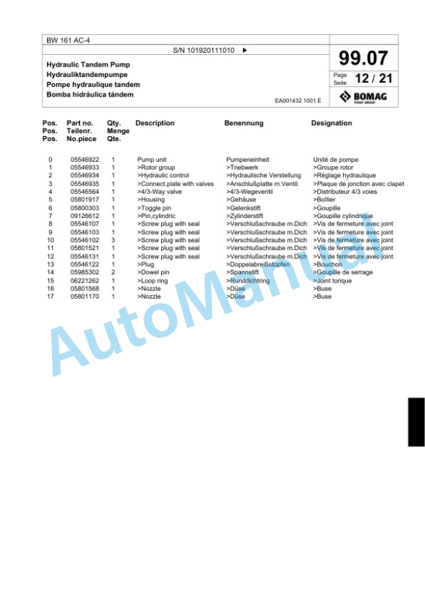 Bomag BW 161 AC-4 Combination Roller Spare Parts Catalogue 00817947-3