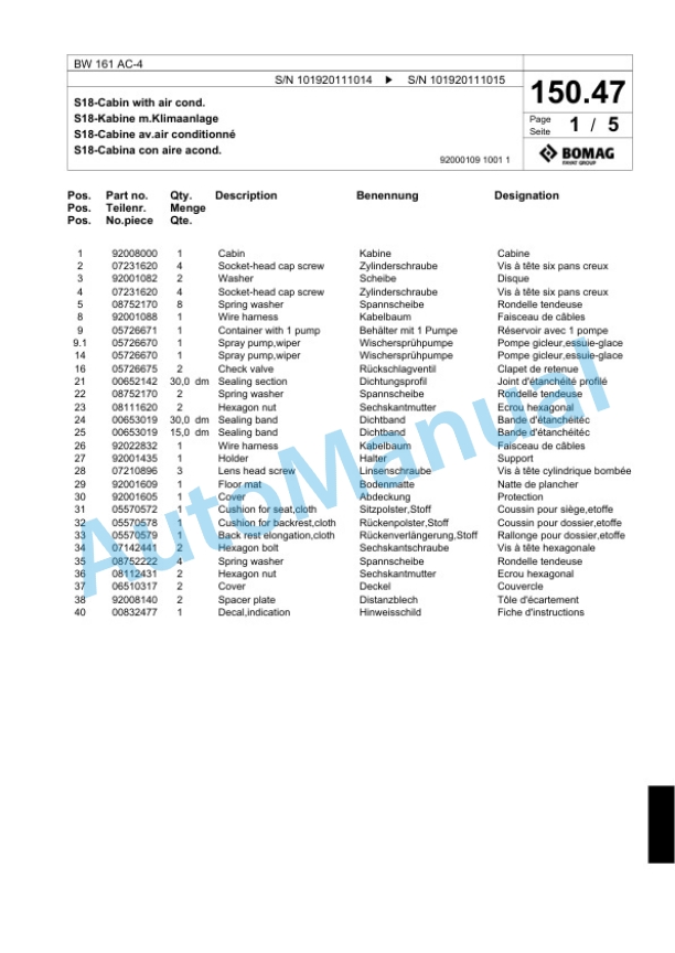 Bomag BW 161 AC-4 Combination Roller Spare Parts Catalogue 00817947-5