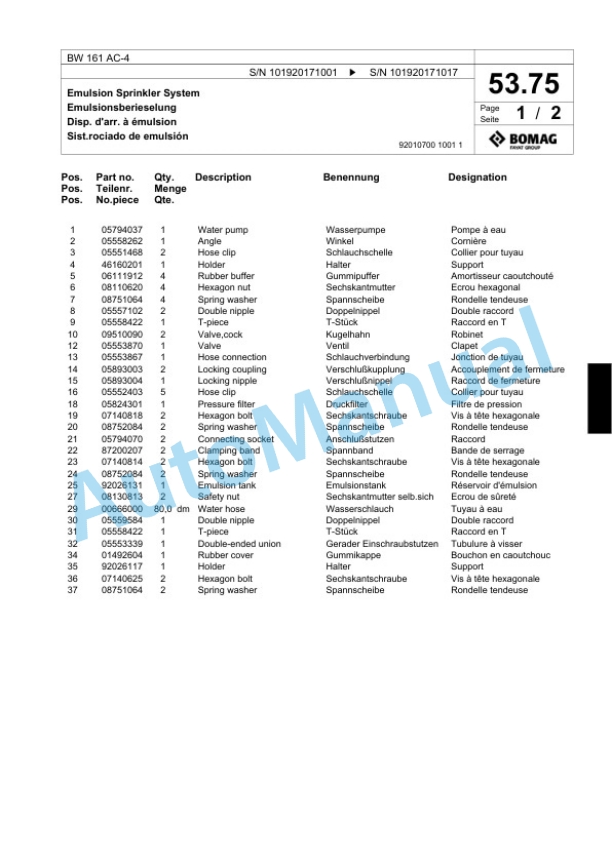 Bomag BW 161 AC-4 Combination Roller Spare Parts Catalogue 00818589-2