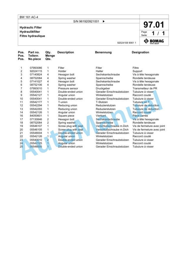 Bomag BW 161 AC-4 Combination Roller Spare Parts Catalogue 00826615-3