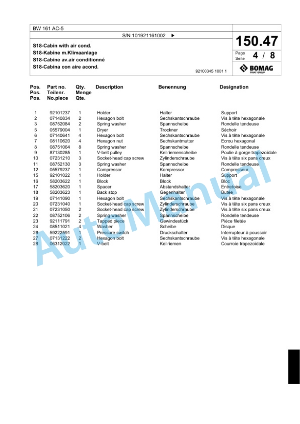 Bomag BW 161 AC-5 Combination Roller Spare Parts Catalogue 00824109-4