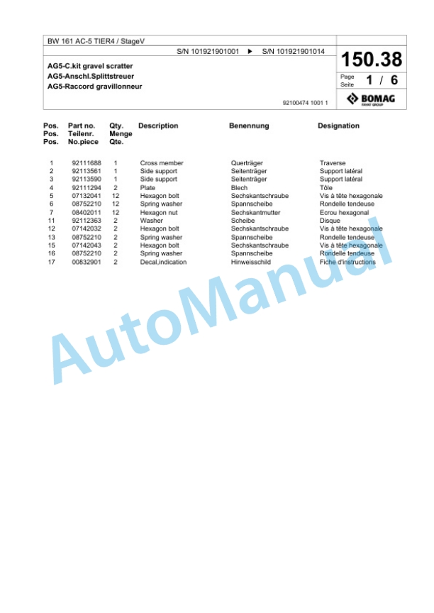 Bomag BW 161 AC-5 TIER4 - StageV Conbination Roller Spare Parts Catalogue 00826605-3