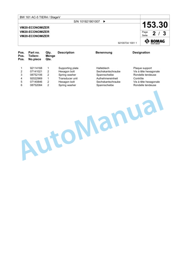Bomag BW 161 AC-5 TIER4 - StageV Conbination Roller Spare Parts Catalogue 00826605-4
