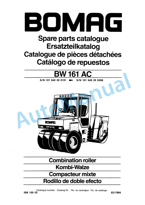 Bomag BW 161 AC Combination Roller Spare Parts Catalogue 00810053