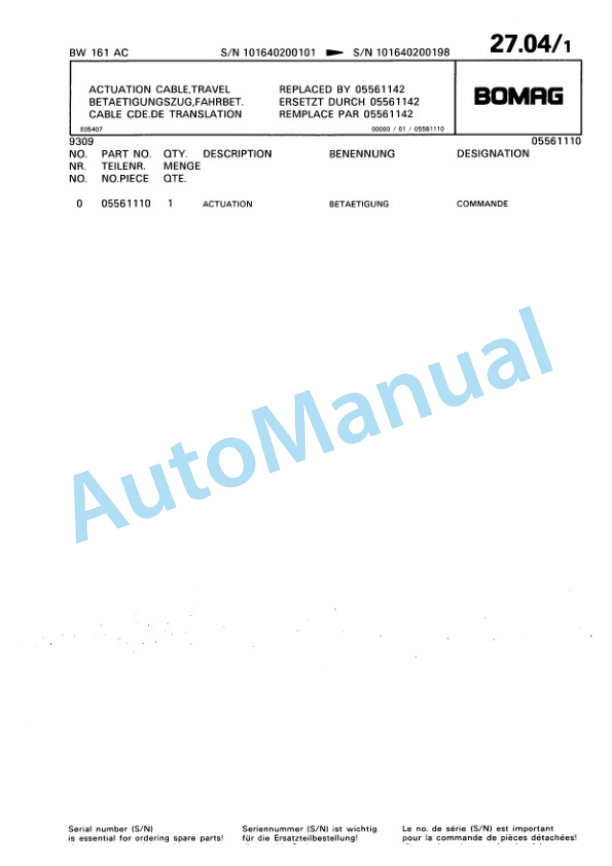 Bomag BW 161 AC Combination Roller Spare Parts Catalogue 00810053-2