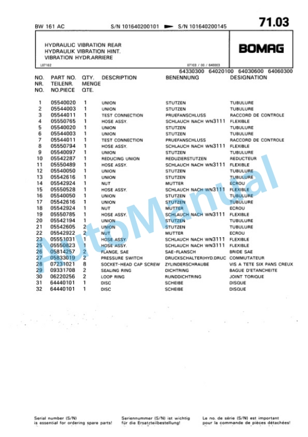 Bomag BW 161 AC Combination Roller Spare Parts Catalogue 00810053-4
