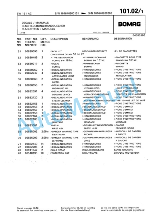 Bomag BW 161 AC Combination Roller Spare Parts Catalogue 00810053-5