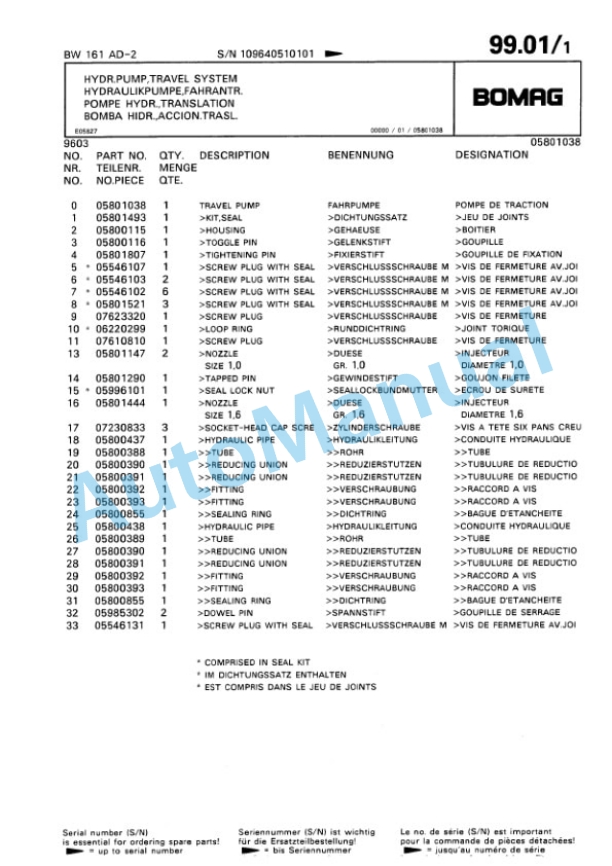Bomag BW 161 AD-2 Tandem Vibratory Roller Spare Parts Catalogue 00810951-3