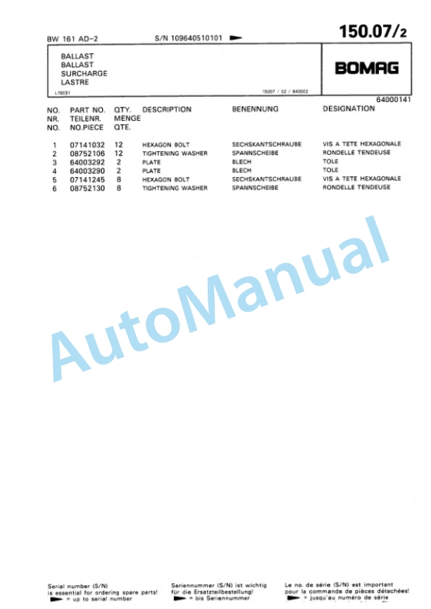 Bomag BW 161 AD-2 Tandem Vibratory Roller Spare Parts Catalogue 00810951-5