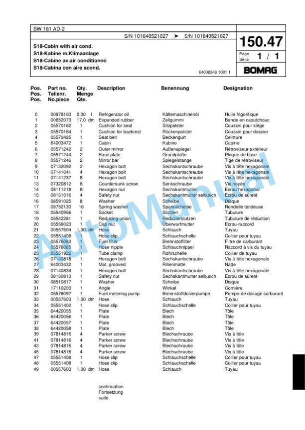 Bomag BW 161 AD-2 Tandem Vibratory Roller Spare Parts Catalogue 00817494-5