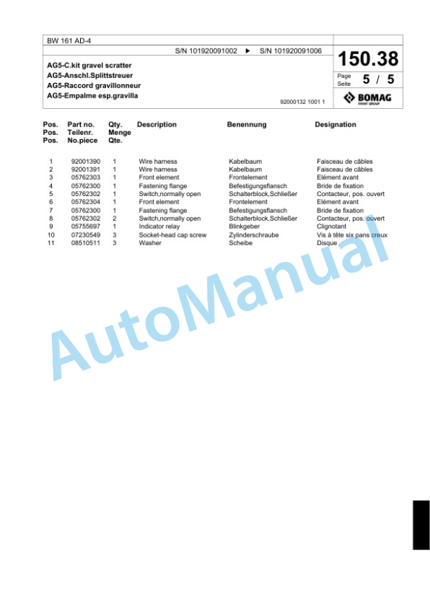 Bomag BW 161 AD-4 Tandem Vibratory Roller Spare Parts Catalogue 00818481-5