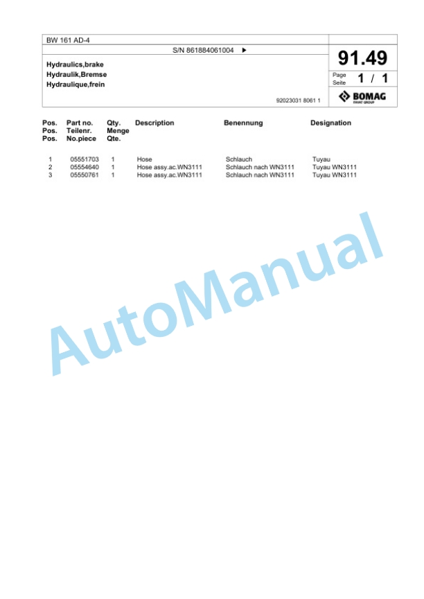 Bomag BW 161 AD-4 Tandem Vibratory Roller Spare Parts Catalogue 00824735-2