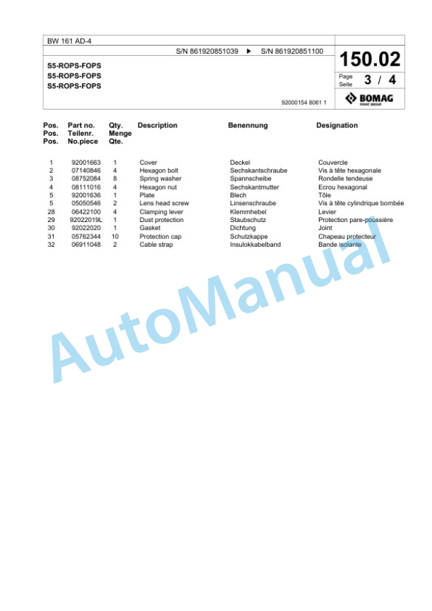 Bomag BW 161 AD-4 Tandem Vibratory Roller Spare Parts Catalogue 00824735-3