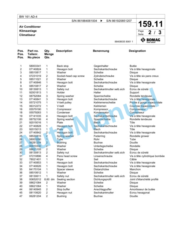 Bomag BW 161 AD-4 Tandem Vibratory Roller Spare Parts Catalogue 00824735-5