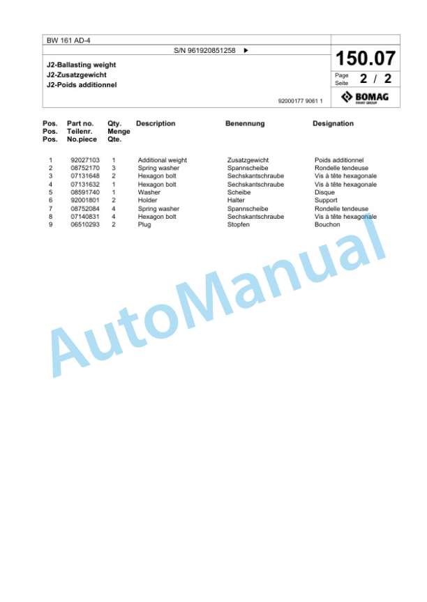 Bomag BW 161 AD-4 Tandem Vibratory Roller Spare Parts Catalogue 00826239-4