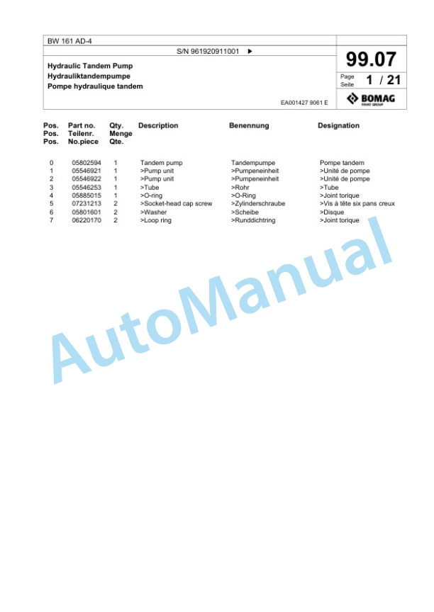 Bomag BW 161 AD-4 Tandem Vibratory Roller Spare Parts Catalogue 00826391-2