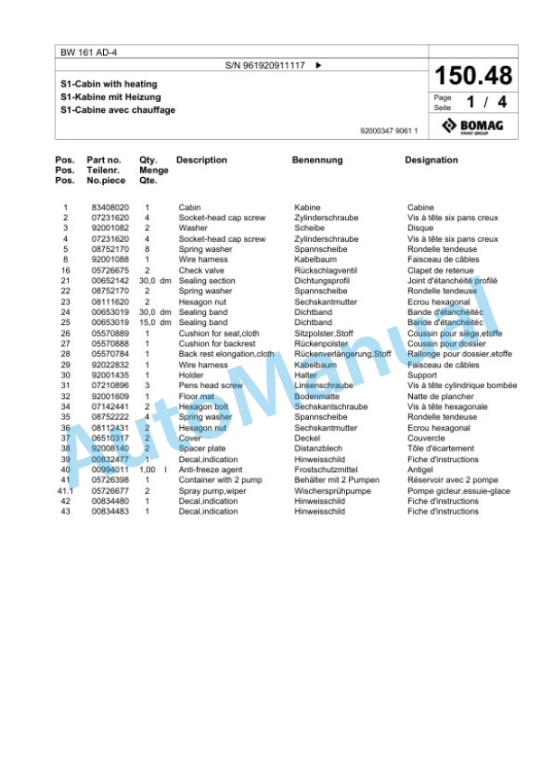 Bomag BW 161 AD-4 Tandem Vibratory Roller Spare Parts Catalogue 00826391-3