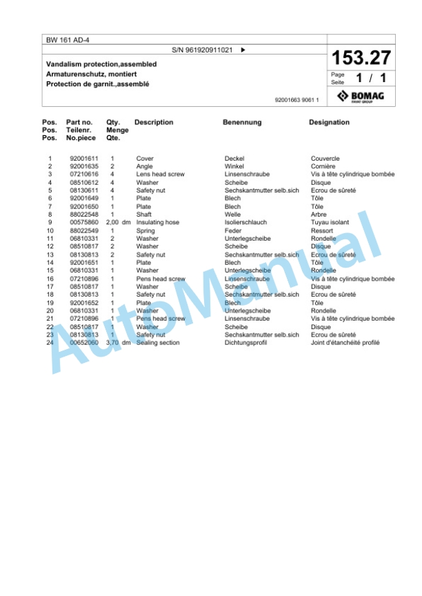 Bomag BW 161 AD-4 Tandem Vibratory Roller Spare Parts Catalogue 00826391-4