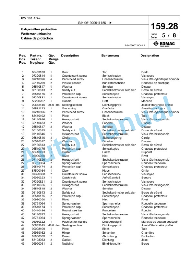 Bomag BW 161 AD-4 Tandem Vibratory Roller Spare Parts Catalogue 00826391-5