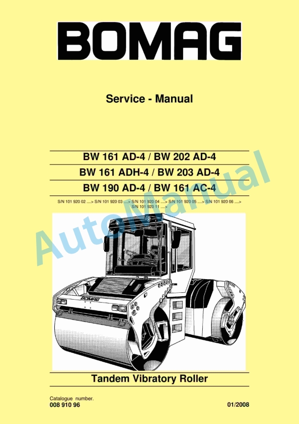 Bomag BW 161 AD-4 to BW 161 AC-4 Tandem Vibratory Roller Service Manual 00891096