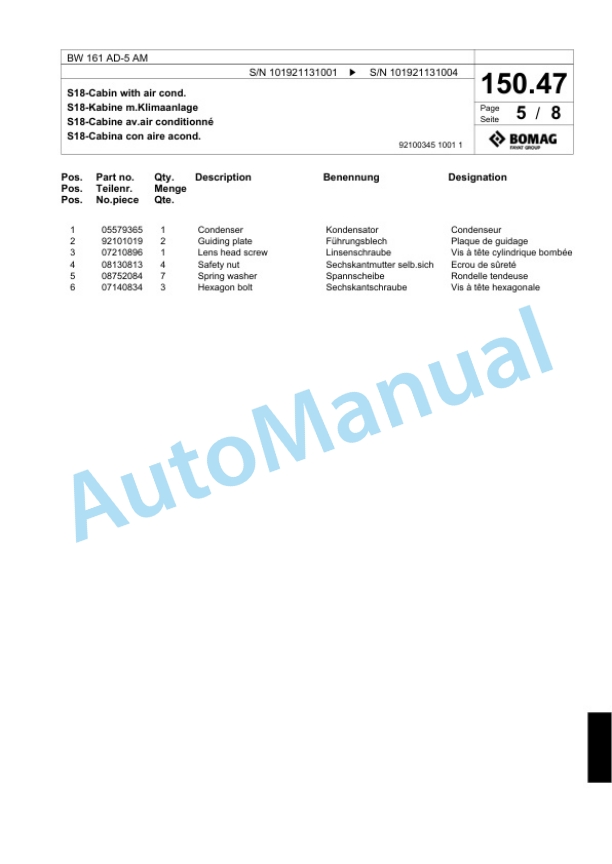 Bomag BW 161 AD-5 AM Tandem Vibratory Roller Spare Parts Catalogue 00824107-5