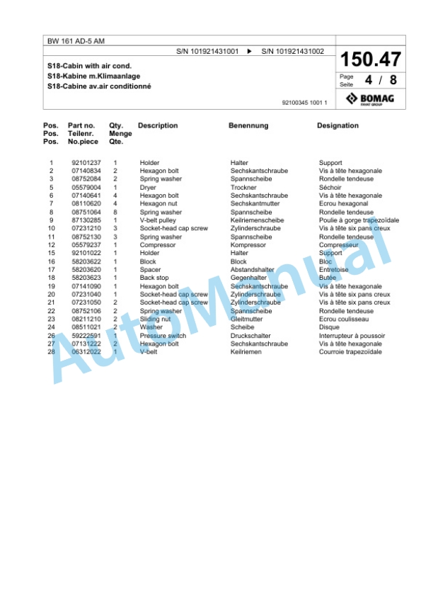 Bomag BW 161 AD-5 AM Tandem Vibratory Roller Spare Parts Catalogue 00824653-4