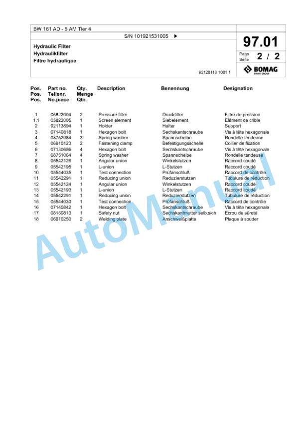 Bomag BW 161 AD-5 AM Tier 4 Tandem Vibratory Roller Spare Parts Catalogue 00824605-3