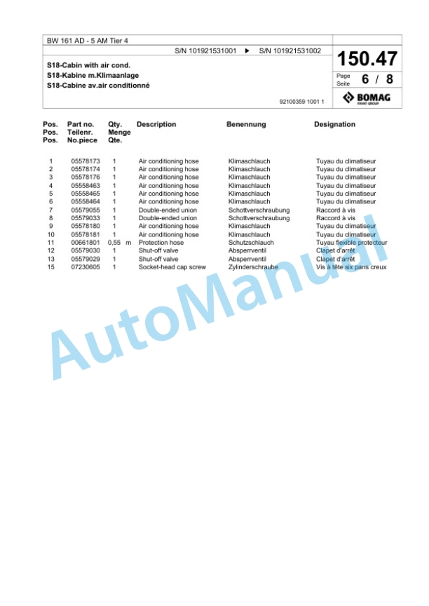 Bomag BW 161 AD-5 AM Tier 4 Tandem Vibratory Roller Spare Parts Catalogue 00824605-5