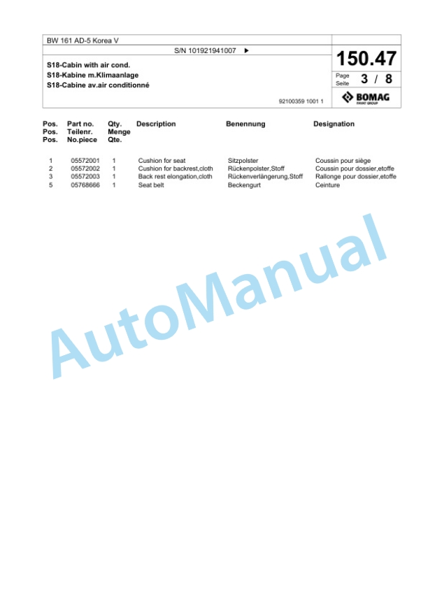 Bomag BW 161 AD-5 Korea V Tandem Vibratory Roller Spare Parts Catalogue 00826667-3