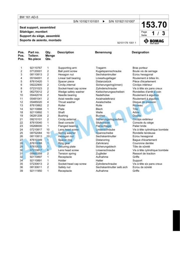 Bomag BW 161 AD-5 Tandem Vibratory Roller Spare Parts Catalogue 00824103-5