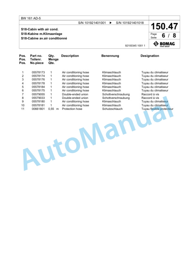 Bomag BW 161 AD-5 Tandem Vibratory Roller Spare Parts Catalogue 00824647-3