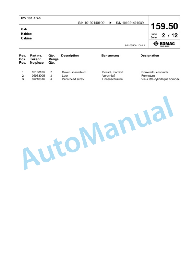 Bomag BW 161 AD-5 Tandem Vibratory Roller Spare Parts Catalogue 00824647-5